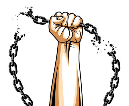 Slavery theme illustration with strong hand clenched fist fighting for freedom against chain, vector logo or tattoo, getting free, struggle for liberty.のイラスト素材