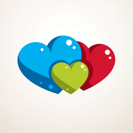 Happy family vector logo or icon created with three colorful hearts of different sizes. Tender and loving relationship of father, mother and child. Together as one system of relations.のイラスト素材