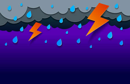 Thunderstorm with lightning and falling water drops vector modern style paper cut cartoon...