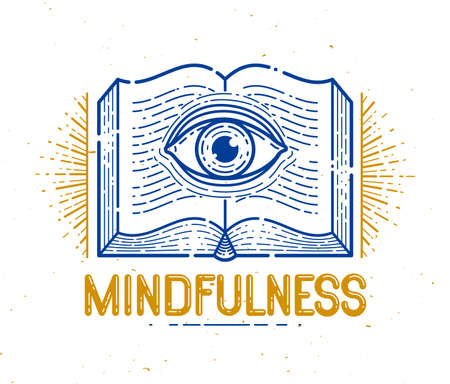Secret knowledge vintage open book with all seeing eye in text lines, open your mind, insight and enlightenment, education and science or alchemy, vector logo or emblem design element.のイラスト素材