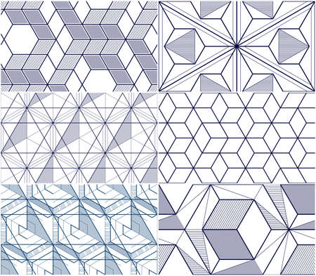 Geometric lines abstract seamless patterns set, 3d vector backgrounds cubes collection. Technology...
