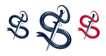 Dagger kills a Snake, defeated Serpent wraps around a sword vector vintage tattooのイラスト素材