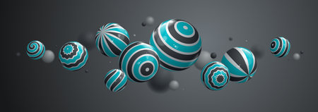 Abstract realistic glossy spheres vector background, composition of flying balls decorated with patterns, 3D mixed lined globes, depth of field effect.のイラスト素材