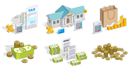 Different finance concepts illustrations 3D vector set isolated on white background, business and money conceptual designs collection, savings, bank, contract, income, safety, online.のイラスト素材