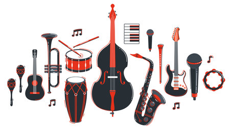 Jazz music band concept different instruments vector flat illustration isolated on white background, live sound festival or concert, musician different instruments set.のイラスト素材