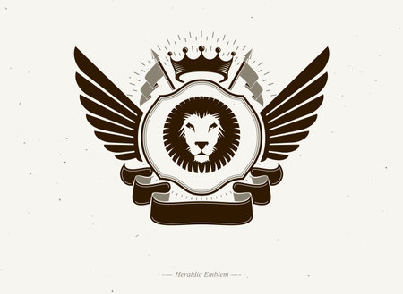 Heraldic coat of arms made in retro design, decorative emblem with wings, wild lion illustration and imperial crownのイラスト素材