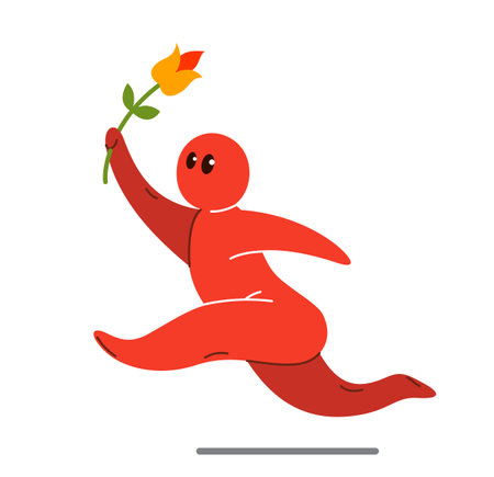 Funny cartoon man running with flower like romantic in love dating vector flat style illustration isolated on white, cute and positive small guy drawing or icon.のイラスト素材
