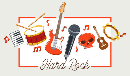 Rock music band vector poster flat illustration isolated over white background, hard rock and heavy metal live sound festival or concert flyer or advertising banner, rock n roll musical band playing.のイラスト素材