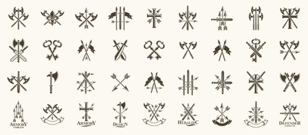 Weapon logos big vector set, vintage heraldic military emblems collection, classic style heraldry design elements, ancient knives spears and axes symbols.のイラスト素材