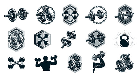 Gym fitness sport emblems and logos vector set isolated with barbells dumbbells kettlebells and muscle body man silhouettes and hands, athletics workout sport club, active lifestyle.のイラスト素材