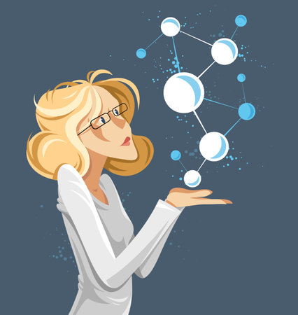 Woman scientist discovering micro elements such as molecules or atoms vector conceptual illustration, neuroscience allegory, laboratory research.のイラスト素材