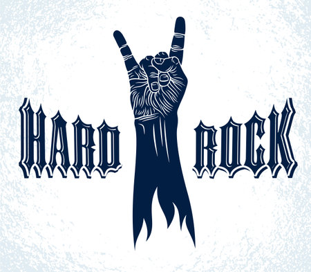 Rock hand sign, hot music Rock and Roll gesture, Hard Rock festival concert or club, vector label emblem or logo, musical instruments shop or recording studio.のイラスト素材