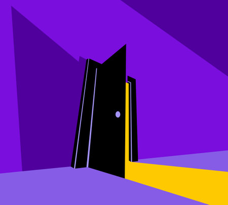 Half open door from the dark room, fear of the unknown vector concept illustration, bedroom scary nightmare theme.のイラスト素材