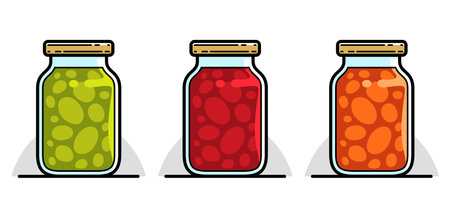 Jar of jam in 3 colors isolated on white vector illustration in cartoon style, delicious and healthy natural food homemade marmalade.のイラスト素材