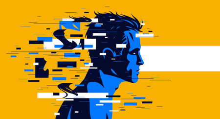 Man profile with glitch dynamic particles in motion vector illustration, mindfulness philosophical and psychological theme, neural network, technology or psychology concept.のイラスト素材