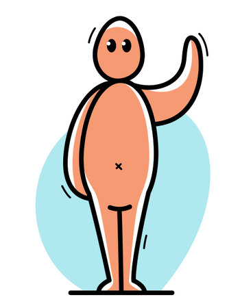 Funny cartoon man says hello and waving handvector flat style illustration isolated on white, cute and positive small guy drawing or icon.のイラスト素材