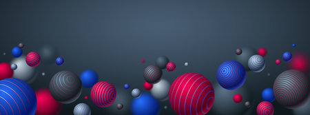 Abstract spheres vector background with blank copy space, composition of flying balls decorated with lines, 3D mixed realistic globes, realistic depth of field effect.のイラスト素材