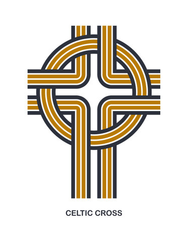 Christian cross modern linear style vector symbol isolated on white, faith and belief contemporary crucifix sign of Jesus Christ stripy graphic design.のイラスト素材
