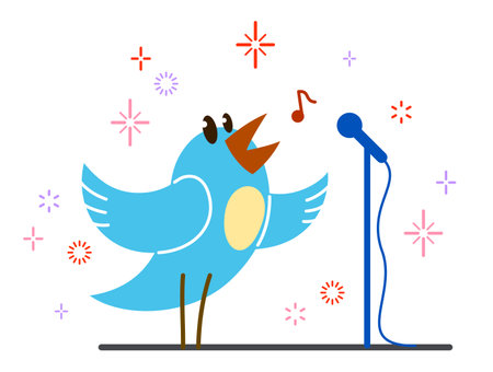 Little cute bird standing and singing birdsong like a pop star idol on a stage funny cartoon flat vector illustration isolated on white.のイラスト素材