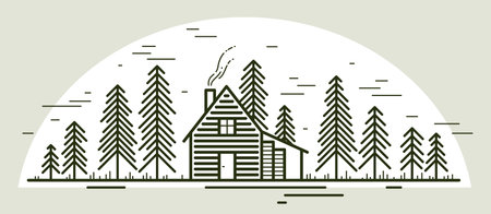 Cabin in woods pine forest linear vector nature illustration isolated on white, log cabin cottage for rest, holidays and vacations theme line art drawing, beauty in nature, woodhouse resort.のイラスト素材