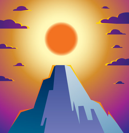Beautiful mountain landscape with setting sun in the evening, sundown over peak scenic nature vector illustration, tranquil calm image for relaxing.のイラスト素材