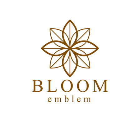 Flower in geometric linear style vector emblem isolated on white background, blossoming flower hotel or boutique or jewelry logo, sacred geometry design element.のイラスト素材