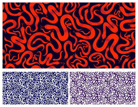 Snakes seamless textile set, vector background with a lot of serpents endless texture, stylish...