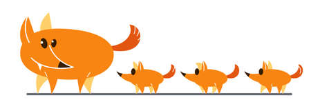 Funny cartoon mother fox with kids fox flat vector illustration isolated on white, wildlife animal humorous drawing.のイラスト素材