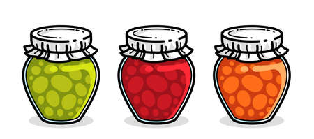 Jar of jam in 3 colors isolated on white vector illustration in cartoon style, delicious and healthy natural food homemade marmalade.のイラスト素材