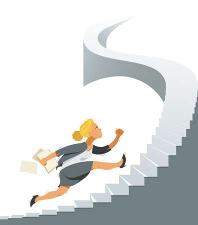 Business woman run and hurry on stairs up high vector illustration, funny comic cute cartoon businesswoman worker or employee inspired to career growth success.のイラスト素材