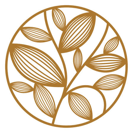 Round floral vintage linear logo design template for boutique or hotel or salon logo isolated on white, beautiful line drawing of leaves composition in a circle, branches growth nature.のイラスト素材
