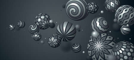 Realistic decorated metallic spheres vector illustration, abstract background with beautiful balls...