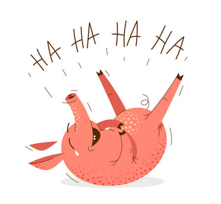 Funny cartoon pig laying on ground and laughing LOL vector illustration, ha ha ha, animal character swine drawing.のイラスト素材