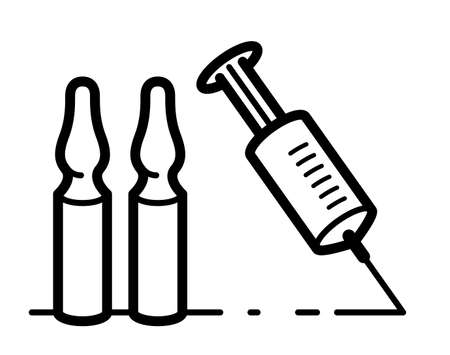 Vaccination theme vector illustration of a syringe with ampules isolated over white, epidemic or pandemic coronavirus covid 19 or flu or SARS or any other vaccine, pharmacology concept.のイラスト素材