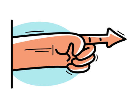 Cartoon hand pointing finger in a shape of arrow vector flat style illustration isolated on white, humorouse cursor sign.のイラスト素材