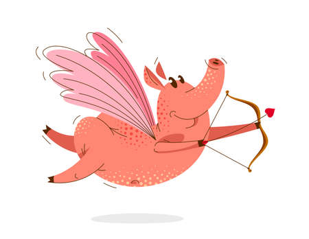 Funny cartoon pig with wings bow and arrow flying and shooting like a Cupid vector illustration, valentine love animal character swine drawing.のイラスト素材