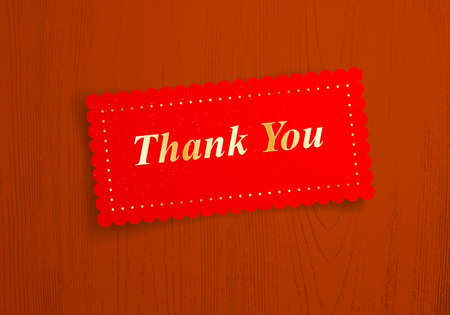 Paper sheet memo Thank You words on it over wooden background vector realistic illustration, design element for message mockup.のイラスト素材