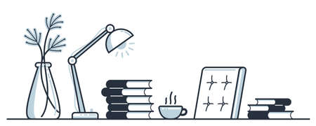 Education or intellectual work concept work desk with books vector flat illustration isolated, study or job, freelance worker workspace, comfortable workplace.のイラスト素材