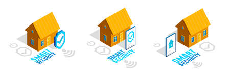 Smart home IOT concept electronics modern house vector isometric illustrations set, smart security, app distant automated future technology.のイラスト素材