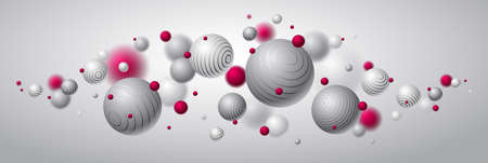 Realistic lined spheres vector illustration, abstract background with beautiful balls with lines and depth of field effect, 3D globes design concept art.のイラスト素材