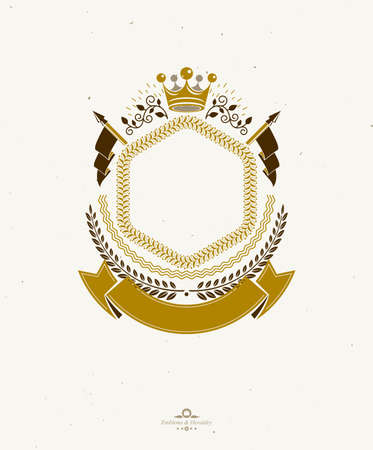 Graphic emblem composed using majestic crown, protection shield and ribbon. Heraldic Coat of Arms decorative logo isolated vector illustrationのイラスト素材