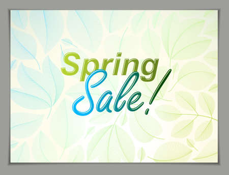 Spring leaves horizontal background, nature seasonal template for design banner, ticket, leaflet, card, poster with green and fresh floral elements. Sale, advertising poster, brochure or flyer design.のイラスト素材