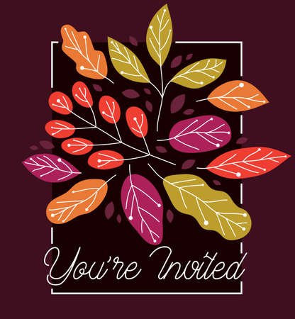 Yellow and red autumn leaves beauty of nature vector flat greeting card over dark, fall foliage drawing anniversary invitation or other greetings.のイラスト素材
