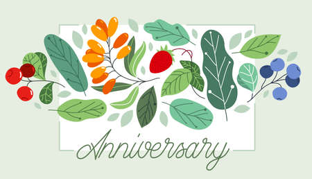 Greeting card with ripe wild berries and fresh green leaves vector flat drawing, floral design composition diet natural food mockup, invitation or anniversary theme, congratulations.のイラスト素材