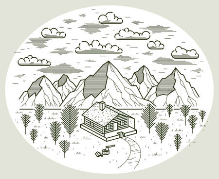 Log cabin wooden house in pine forest over mountain range vector nature illustration isolated on white, cottage woodhouse for rest in pine forest, holidays and vacations theme line art drawing.のイラスト素材