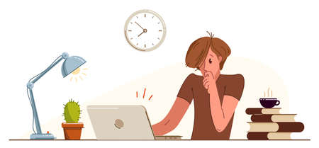 Young man alarmed in problem working on a project in stress vector flat illustration isolated, urgent panic deadline job in office or home, solving problem.のイラスト素材