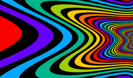 Colorful rainbow abstract vector lines psychedelic optical illusion illustration, surreal op art linear curves in hyper 3D perspective, crazy distorted design, drug hallucination delirium,のイラスト素材