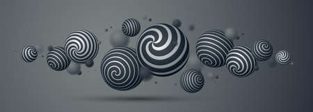 Abstract spheres vector background, composition of flying balls decorated with patterns, 3D mixed variety realistic globes with ornaments, realistic depth of field effect.のイラスト素材