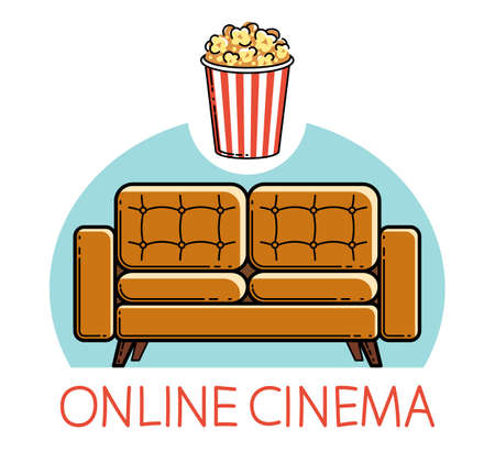 Home rest online cinema sofa and popcorn vector emblem or illustration isolated on white, stay home concept, family weekend, watch video.のイラスト素材