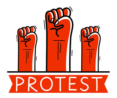 Clenched fists protest signs hand gestures raised up vector flat style illustration isolated on white, social and political rage or revolution.のイラスト素材